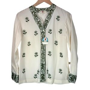 Vintage Peony 100% Silk Button Down Cream Blouse Green Floral Hand Embroidery